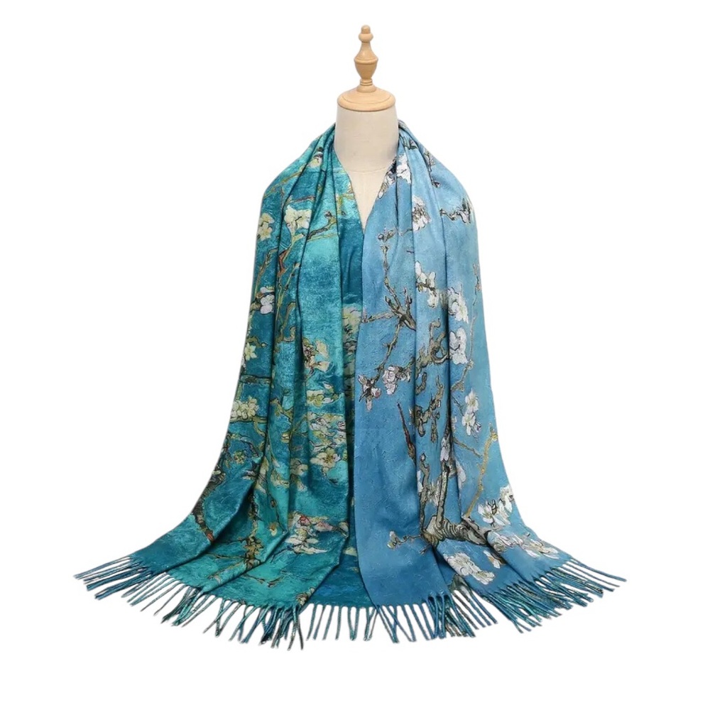 Van Gogh Plum & Apricot Blossom Tree Double Sided Scarf with Fringe